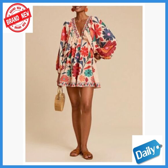 Boho Floral V-Neck Mini Dress Long Sleeve Tie Back Casual Summer - Picture 5 of 5